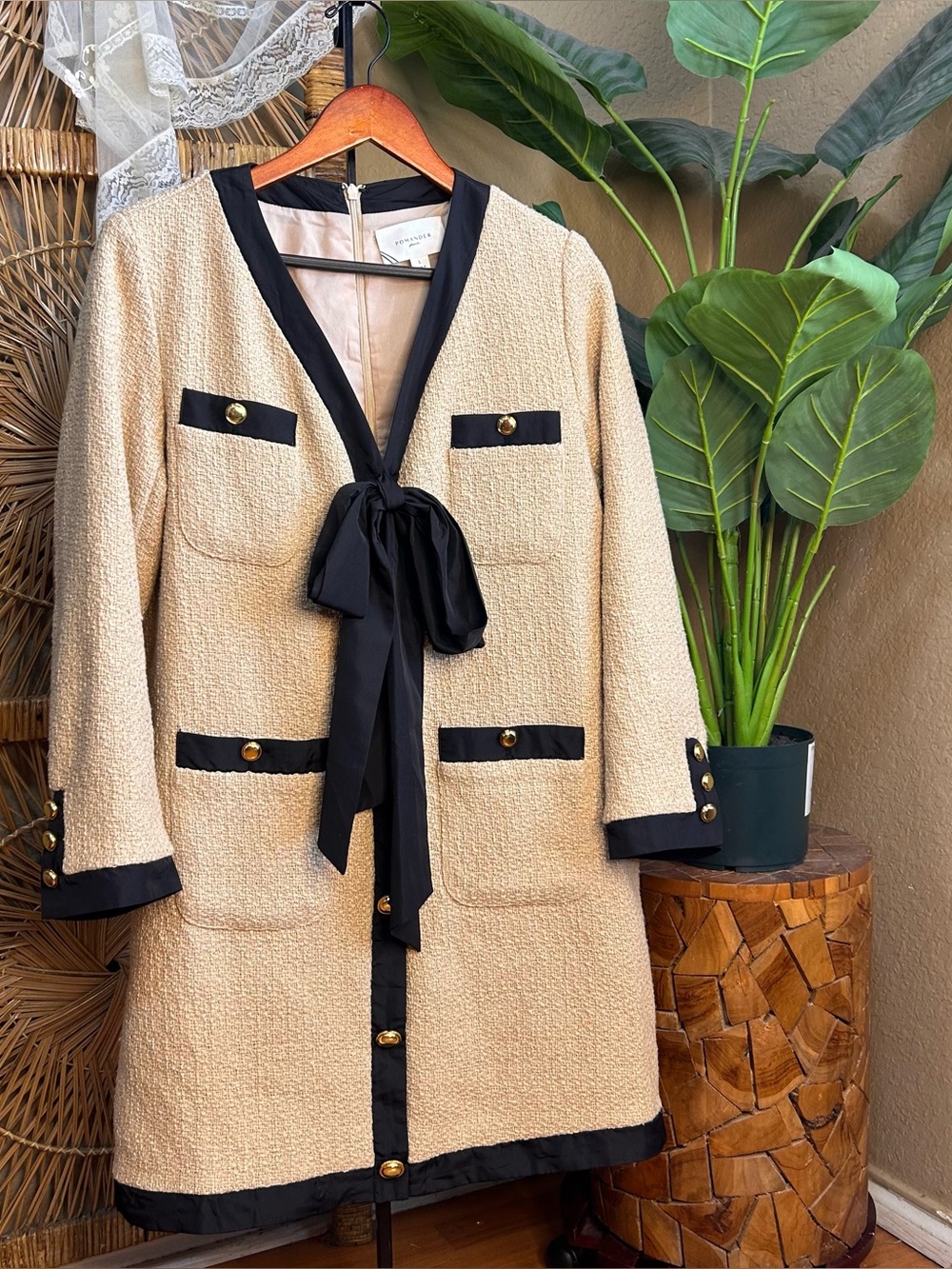 Tuckernuck Pomander Place Coco Tweed dress in beige and black size large